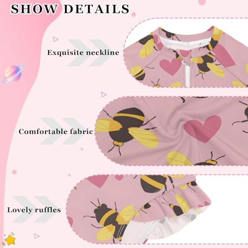 Bee and Heart Pink Girls Long Sleeve Swimsuit Rash Guard One Piece Bathing Suits Zipper 3-12T4