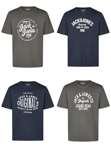 JACK & JONES Tshirt Herren Regular Fit JJLINO 4er Pack Set Pack Rundhals Kurzarm Sommer Tee Shirt Print, Größe:XL, Farbe:Pack 6