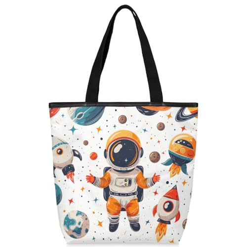Mularoka Star Astronauts Canvas Tote Bag with Zipper and Pockets Canvas Tote Shopping Bag Women Reusable Grocery Bag for Beach Travel Gym Shopping