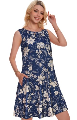 Image of elescat Summer Dresses for Women Boho Sleeveless Pocket Tshirt Sundresses | Two Hidden Pockets, Solid or Floral, Casual Flowy A Line, Loose Beach Cover Up, 2026 Fashion Vintage Outfits, Vacation Crusie