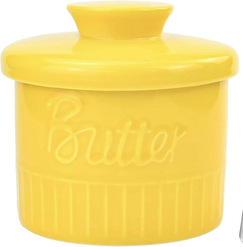 Image of Butter Crock with Water Seal Lid - 192 mL Ceramic Butter Keeper, Airtight French Butter Dish, Countertop Butter Storage Container, Dishwasher Safe, Yellow