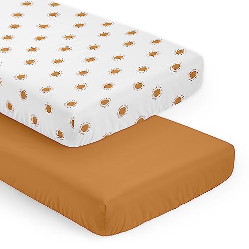 Image of Sweet Jojo Designs 2-Piece Baby Crib Sheets Set (White and Orange Boho Sun) for Girls, Infant Nursery, Toddler Room - Standard Size (Solid Rust & Celestial, Desert, Sunshine, Outdoors, Nature)