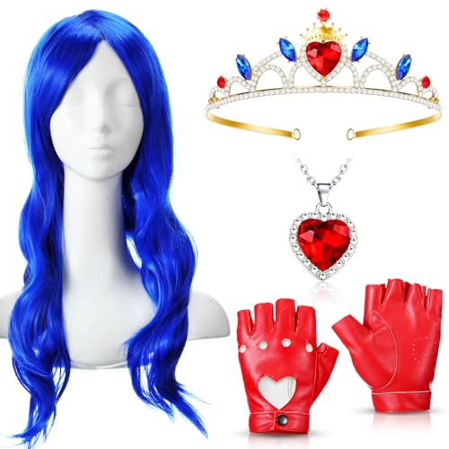 Funnysoft 4 Pcs Halloween Costume Accessory Includes Wig, Crown and Heart Necklace, Heart Cutout Gloves(Classic,Blue)