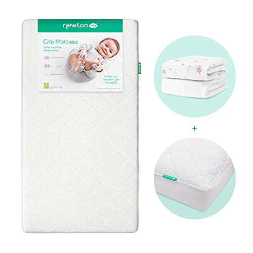 Newton Baby Crib Mattress Bundle | 100% Breathable Crib Mattress, 100% Organic Muslin Cotton Coral Sheets, Waterproof Crib Mattress Pad | 100% Washable, 2-Stage, Non-Toxic Better Than Organic
