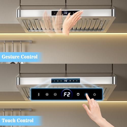 Image of 30 inch Range Hood Under Cabinet, 1200 CFM with 4-Speed Gesture Sensing & Touch Control, Stainless Steel Kitchen Stove Vent Hoods with 2 LED Lights, Time Setting,18B-E30