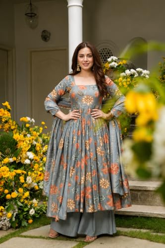 Image of ANNI Designer Kurta Set for Women Viscose Blend Printed | Kurti Set for Woman | Umbrella Kurta Palazzo Dupatta 3 Piece Outfit | Square Neck 3 /4 Sleeve Regular Fit Ethnic Dress Stylish Clothing