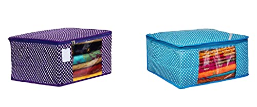 Image of with Transparent Window Set| Bag Clothe|Cotton Saree Cover Closet Orgnizer /Saree Bags for Wardrobe Orgnizer Clothe Covers |Suit Bag| Cover(Pack of 2, SkyBlue + Purple)