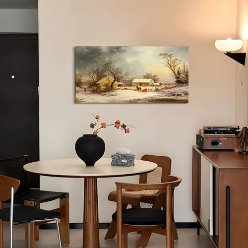 crmotu Large Landscape Wall Art, Farmhouse Wall Decor, Winter Wall Art, Snowy Farm Canvas Painting, Vintage Aesthetic Pictures for Living Room Bathroom Bedroom Kitchen Art Prints 20"X40"