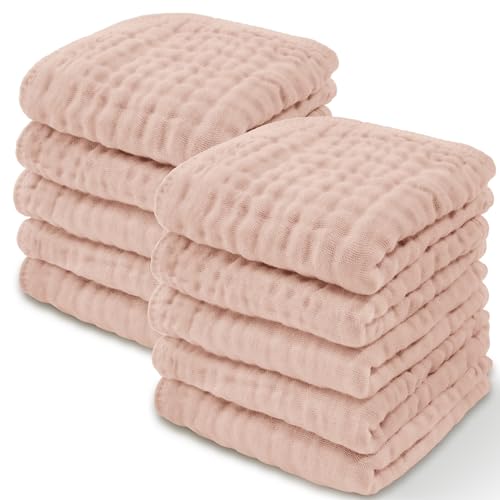 Image of Baby Washcloths, Muslin Cotton Baby Towels, Large 10”x10” Wash Cloths Soft on Sensitive Skin, Absorbent for Boys & Girls, Newborn Baby & Toddlers Bibs & Burp Cloths Essentials Set (Blush, Pack of 10)