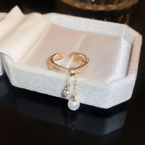 Trendy Layered Pearls Chain Tassel Open Ring For Women 14K Gold Plated CZ Adjustable Statement Wrap Finger Band Rings Eternity Fashion Wedding Engagement Jewelry4