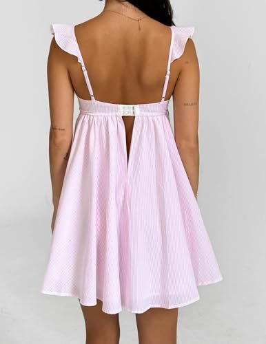 Image of NUFIWI Y2K Ruffle Hem Babydoll Mini Dresses Square Neck Spaghetti Strap Short Dresses Boho Flowy Patchwork Sundress Vocation
