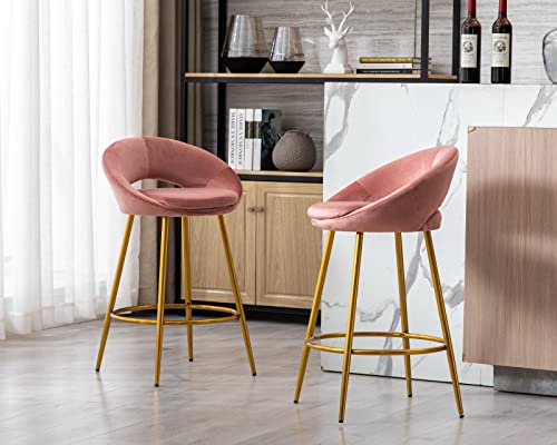 Cimota Velvet Pink Bar Stools Set Of 2 Modern Barstools 26 Inch Counter Stool Chairs With Open Back/Gold Base Kitchen Stools For Island/Home Bar/Dining Room/Kitchen #TOP3