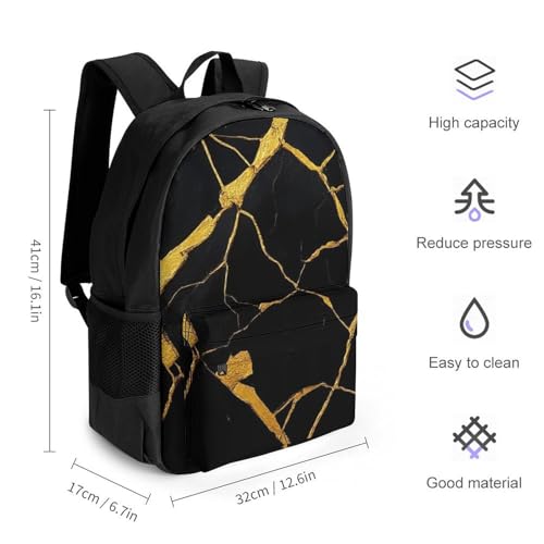 Unisex Gold Black Marble Texture Backpack, Elegant Large Capacity Backpack with Water Bottle Pocket, Adjustable Travel Shoulder Bag for Women Men2