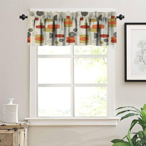 Image of Retro Abstract Geometric Kitchen Valance Curtain, Vintage Shapes Stars Mid Century Boho Retro Linen Window Treatment Valances for Kitchen Living Room Cafe Decor 54'x18', 1 Panel