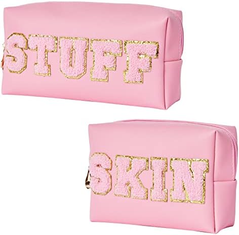 Burskit Preppy Patch Makeup Bag Stuff & Skin Patch Portable Bag for Teen Girls Bulk Pu Leather Cosmetic Bag Waterproof Travel Organizer Zipper Pouch Storage Purse for Women Girls Gift (Pink)