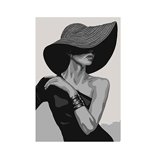 Image of RANGOLI 100% Cotton Stretched Canvas Painting 400 GSM, Framed Lady in Hat Abstract Wall Art for Living Room, 3D Paintings for Wall Decor (12 x 18 Inch With Frame)