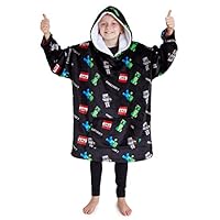Minecraft Blanket Hoodie for Kids Teenagers, Fleece Cozy Hooded Wearable Blanket with Sherpa Hood, Creeper Loungewear, Gamer Gifts for Kids (Black)