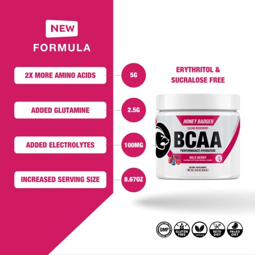 Honey Badger BCAA + EAA Amino Acids Powder, BCAAs + L-Glutamine, Keto, Vegan, Sugar Free for Men & Women, Hydration & Post Workout Muscle Recovery Drink Mix, Wild Berry, 30 Servings - Image 4