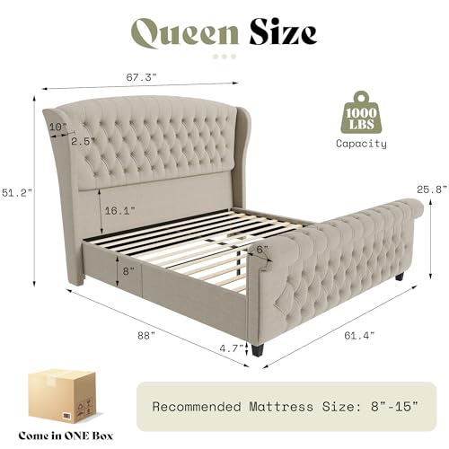 Image of AMERLIFE Queen Size Platform Bed Frame, Linen Upholstered Sleigh Bed with Scroll Wingback Headboard & Footboard /Button Tufted /No Box Spring Required /Khaki
