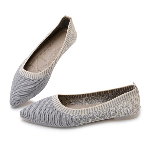 Women's Pointed Toe Knit Flats Shoes Slip on Ballet Flats Comfortable Dress Shoes for Women(8.5,1-Grey)4