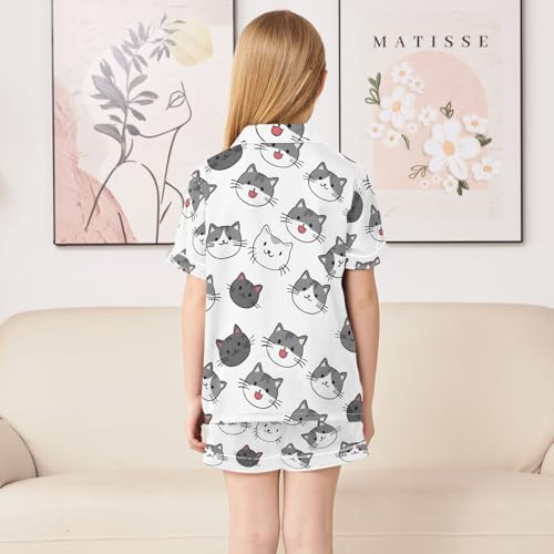ALAZA Gray Cat Kitten Animal White Pajamas Satin Pajama Set Short Sleeve Button Down Sleepwear4