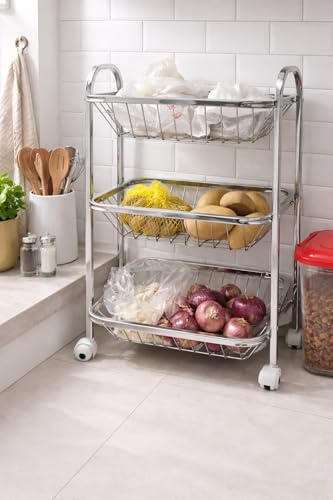 Image of Stainless Steel Fruit & Vegetable Trolley for kichen Fruit Basket Vegetable Basket Onion Potato Rack for Kitchen Stand for Kitchen (03 Layer Trolley)