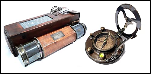 Maritime Antique Brass Nautical Telescope in Leather Case & Vintage Hiking Brass Sundial Compass
