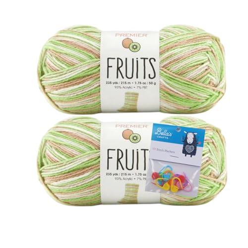 Image of Premier Yarns Fruits, Acrylic Sock Yarn, 2-Pack Bundled with Bella's Crafts Stitch Markers (Kiwi)