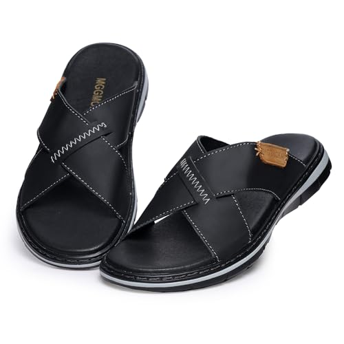 Image of MGGMOKAY Mens Cross Slides Sandals Summer Leather Slipper Anti-Slip Comfortable Sandals