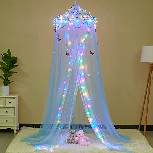 Fiobee Bed Canopy For Girls Room Bed Canopy Curtains With Led Lights Mosquito Net Diy Princess Room Décor With Flower Stars Butterflies For Kids Bedroom, Blue #TOP2