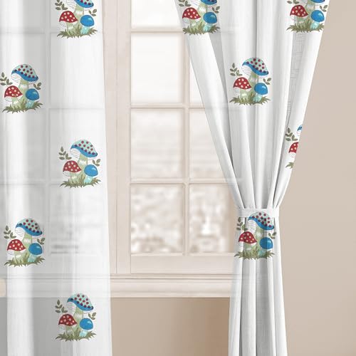 Image of LINENWALAS Printed Decorative Cotton Sheer Curtains 5 Feet Long Set of 2 Panel, Grommet Hanging, Mushroom Carnival Curtains for Children Room, Living Room, Home Decor (L-7 x W-4.5 Feet)
