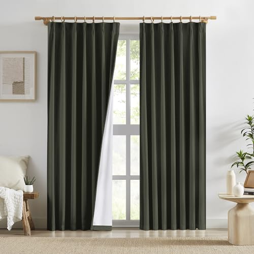 96-Inch Linen Blackout Curtains Set - 2 Thermal Insulated Panels in Loden Olive Green for Living Room or Bedroom