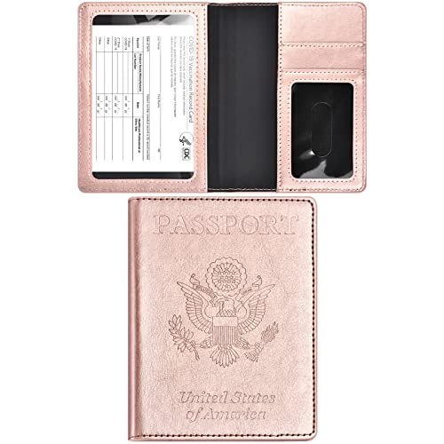 Passport And Vaccine Card Holder Combo, Passport Holder For Women And Men, Vaccine Passport Holder, Passport Cover, Passport Wallet, Passport Holder With Vaccine Card Slot (Rose gold)