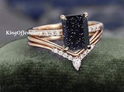 K O J Emerald Cut Blue Sandstone Engagement/Wedding Ring+Bands, Dainty Cz Ring Set of 3, Anniversary Ring, Bridal Ring, Vintage Ring, Best Gift For Her, Sterling Silver Ring, Stacking Ring4