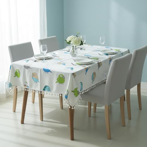 Image of LORETO - A QUALITY LINEN BRAND 100% Pure Cotton Rectangular Table Cover with Tassels (48x72 Inch) - Tablecloth for 6 Seater Dining Table, Multicolor Birds on Soft Beige