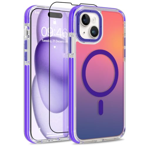 Image of Magnetic Case for iPhone 15 Plus [Compatible with Magsafe] [Cute Fashion Fluorescent Design] [1 Screen Protector] Slim Translucent Matte Case for iPhone 15 Plus 6.7 inch 2023, Purple