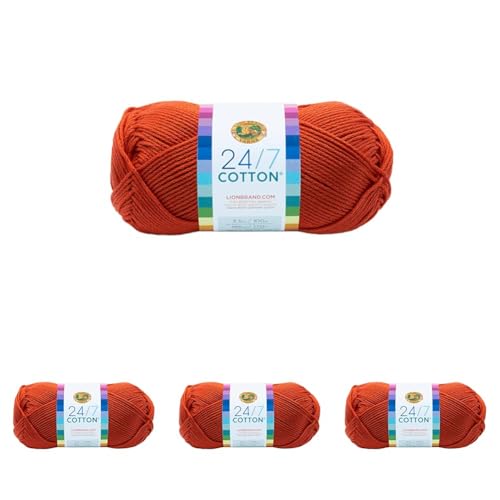 Image of Lion Brand 24 /7 Cotton Yarn, Lightweight Yarn for Knitting, Crocheting, and Crafts, Tangerine, 4 Pack