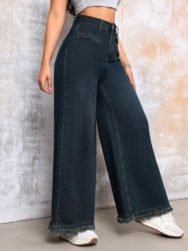 utcoco Womens Vintage Wide Leg Jeans Y2K Low Rise Raw Flared Palazzo Trousers Maxi Denim Pants2
