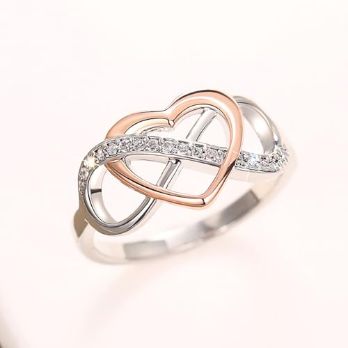 Fashion Two-tone Style Heart Love Ring Female Wedding Band with Bright Cubic Zirconia