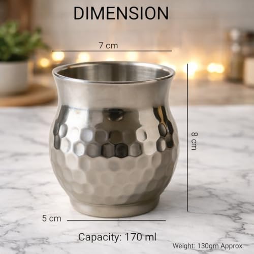 Image of STEEPLE Stainless Steel Kulhad Tea Cups 170 ml | Premium Hammered Tea & Coffee Cups | Steel Kulhad for Chai, Coffee, Milk & Juice | Drinking Cups for Home & Office (Set of 12)