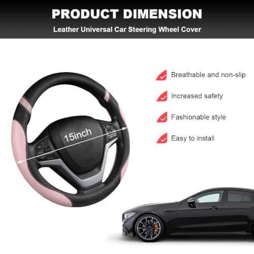 Image of Car Steering Wheel Cover, 15 Inch Premium Leather Breathable Non-Slip Wheels Wrap, Universal Auto Comfortable Steering Wheel Protector for SUV Truck Van, Car Accessories (Pink)