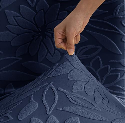 Image of House of Quirk Stretchy Universal Camellia Jacquard Waterproof Chair Cover Removable & Washable Short Dining Chair Cover Protector Seat Slipcover (Dark Blue,Pack of 1)