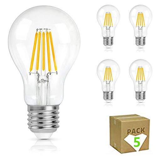 Bombilla LED Vintage Filamento 6W E27 A60 GNETIC GLASS 550LM 2700K Luz Blanca Cálida 105X60 mm 30000h 340u00b0 Equivalente a 50W en incandescencia Cristal Edison [Eficiencia energética A++] Pack x5