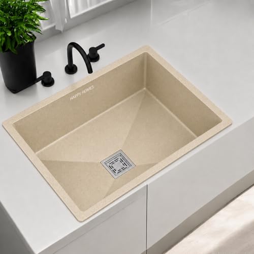 Image of Happy Homes Quartz Sink For Kitchen 24x18x9 INCH - Ivory Granite Kitchen Sink With Waste coupling & PVC Pipe | Smooth Finish, UV Protected, Top & Under Mount- 10 Years warranty