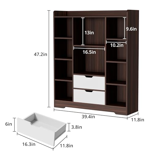 Cozy Castle Kids Bookshelf with Storage | Toy Organizer 2 Drawers & 10 Cubes | Bedroom & Playroom Storage | Brown & Whit 