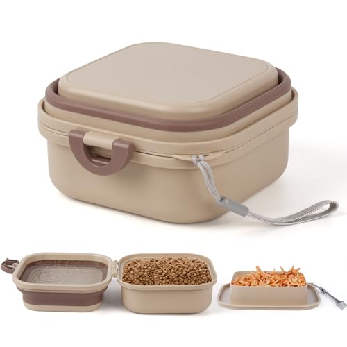Collapsible Bowl with Cover Lids, Dog Travel Bowls Portable Foldable Cat Water Dish Bowl for Pets Walking Parking Camping, 2-in-1 Portable Food Feeding and Storage Solution (Khaki Large)