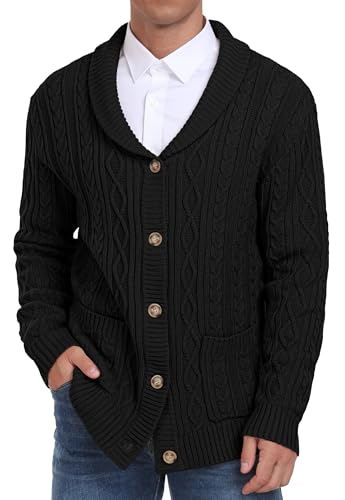 Sailwind Men's Casual Cardigan Long Sleeve Shawl Collar Buttons Down Cardigan Sweater Cable Knit Sweater with Pockets