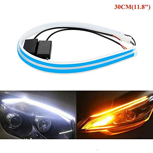 AMAZENAR Ultra Brillante 30CM 11.8Blanco/Ámbar Flexible Tira de Tubo LED Silicona Corriente Corriente Diurna Tear Strip Faros Delanteros Señal de Giro Luz de Guía de Estacionamiento (1 Juego)
