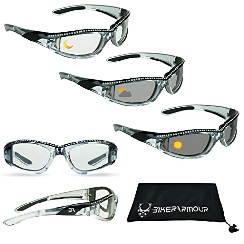 Bikershades Motorcycle Transitional Day Night Photochromic Safety Glasses for Women. Chrome Black with Rhinestones Clear to Grey Tint