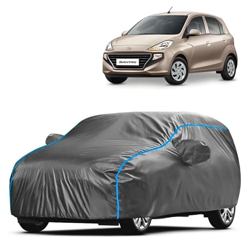 Image of Kerwa Car Body Cover Waterproof Compatible with Hyundai Santro | Scratch Proof, Anti-Dust, UV Protection | Windproof Buckle Strap | Fitted Bottom Elastic | Side Mirror Pockets-Grey